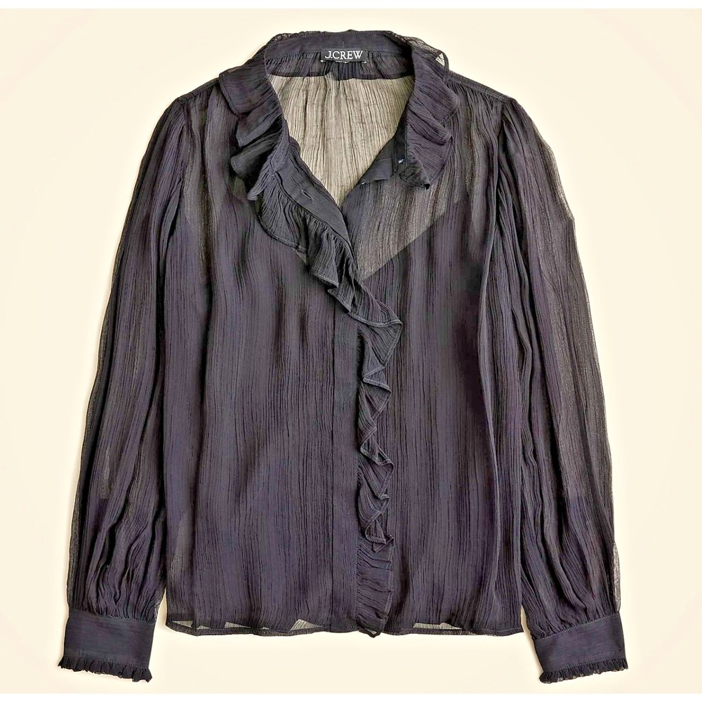 J.CREW womens 16 black crinkle chiffon ruffle button up blouse